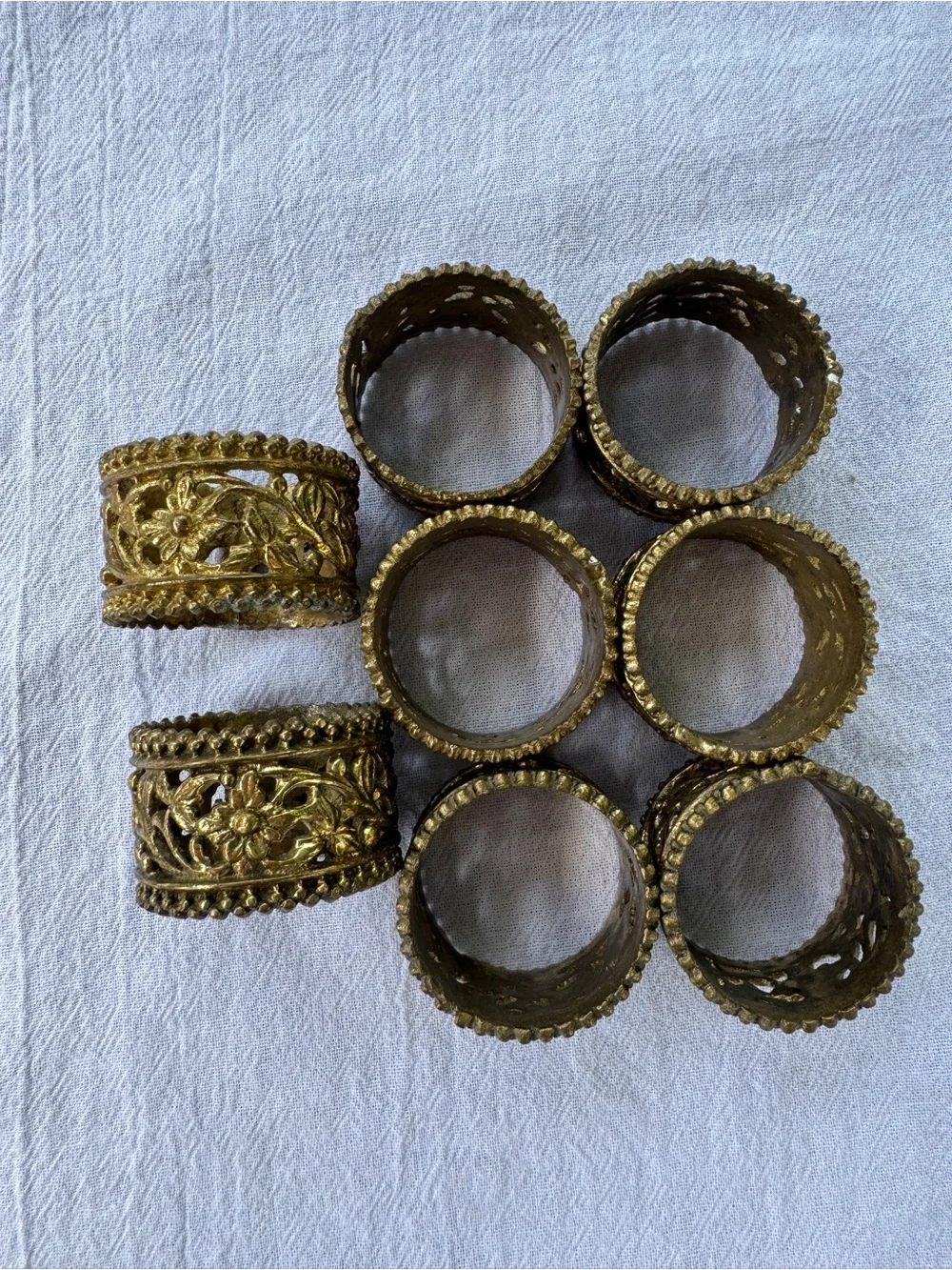 Vintage Gold Tone Filigree Napkin Rings Set of 8 Floral Scroll Metal